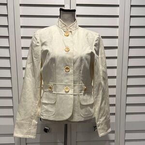 Ann Taylor Cream lined Button-Up Blazer with Pockets in a Cotton-Linen blend.